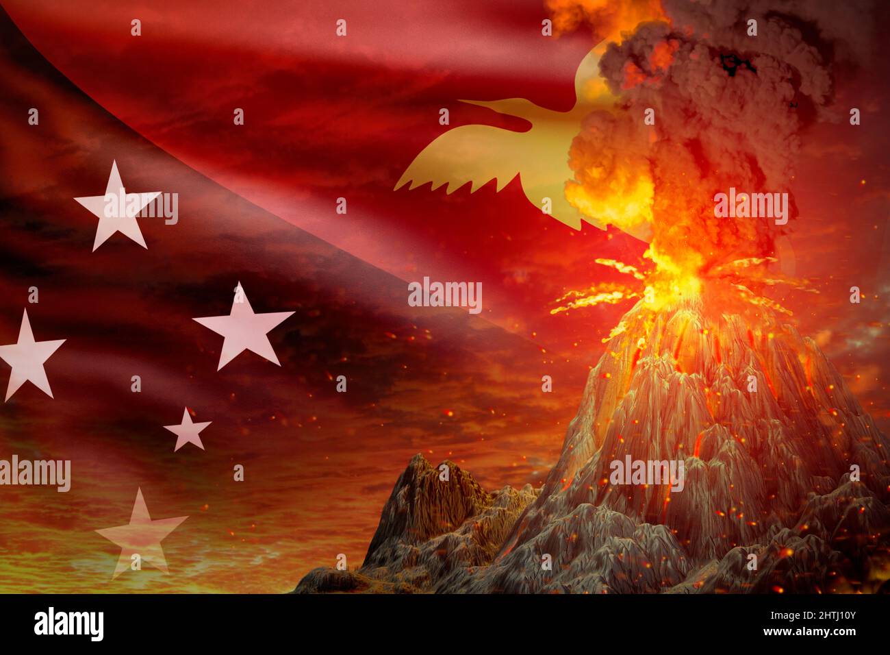 Grande eruzione vulcanica esplosione di notte con esplosione sullo sfondo della bandiera Papua Nuova Guinea, problemi a causa del disastro naturale e cenere vulcanica concettu Foto Stock