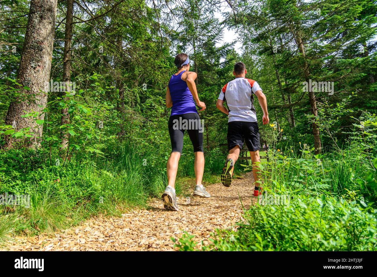 Coppia giovane jogging nella foresta - faticoso allenamento in estate Foto Stock