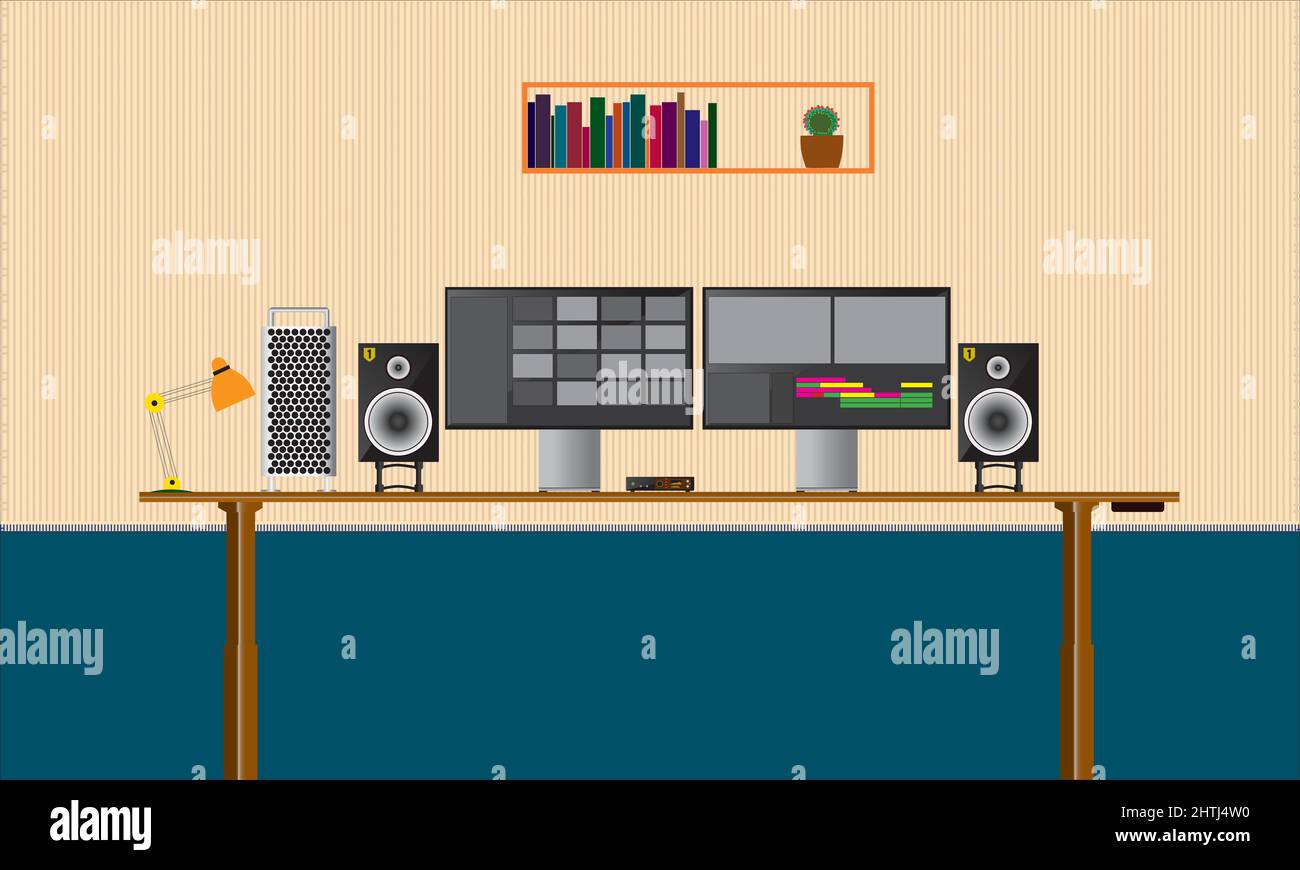 Studio di editing video Mac pro con due monitor, altoparlanti stereo di riferimento e laptop Illustrazione Vettoriale