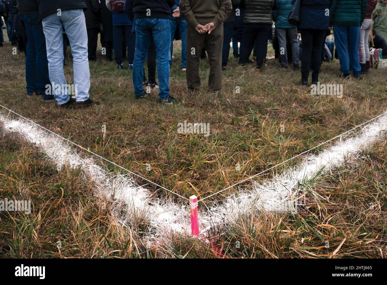 Borderline bianco sull'erba. Riunione in un cantiere chiuso Foto Stock