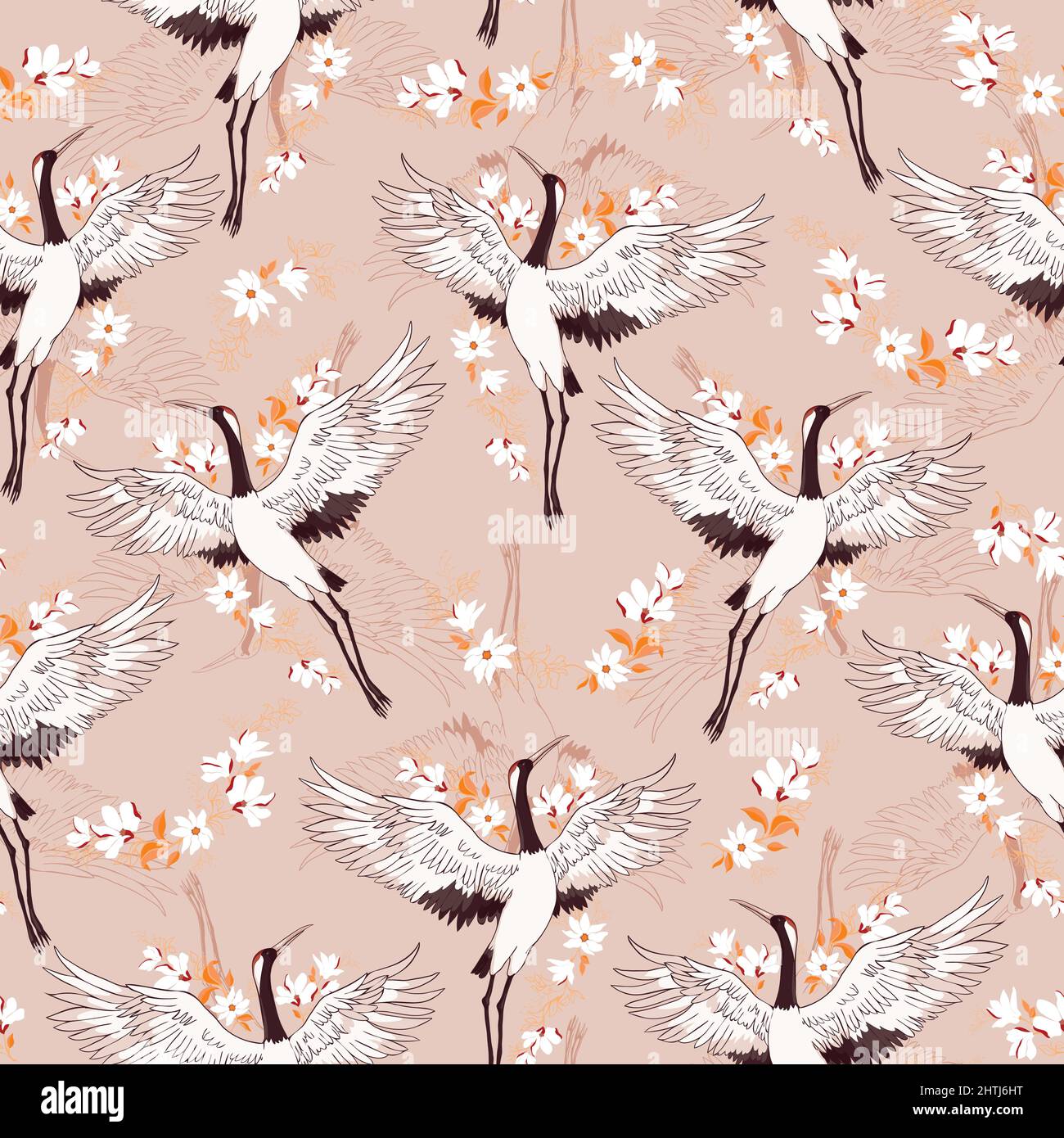 Kimono decorativo con motivi floreali pattern di sfondo con gru e fiori illustrazione vettoriale Illustrazione Vettoriale