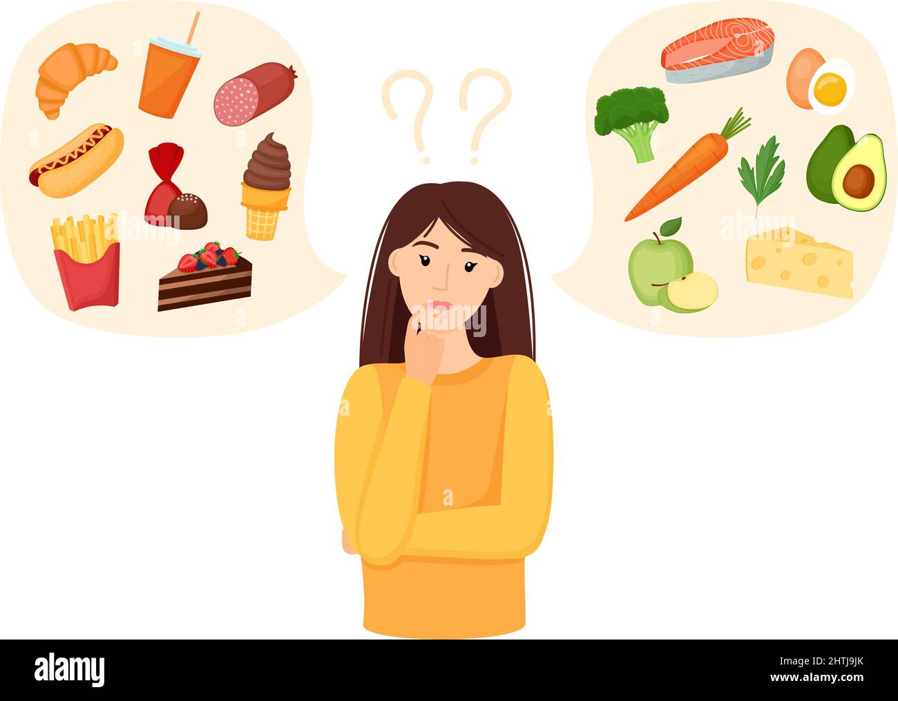 Donna che sceglie tra cibo sano e malsano. Fast food vs menu equilibrato. Illustrazione del vettore concettuale Illustrazione Vettoriale