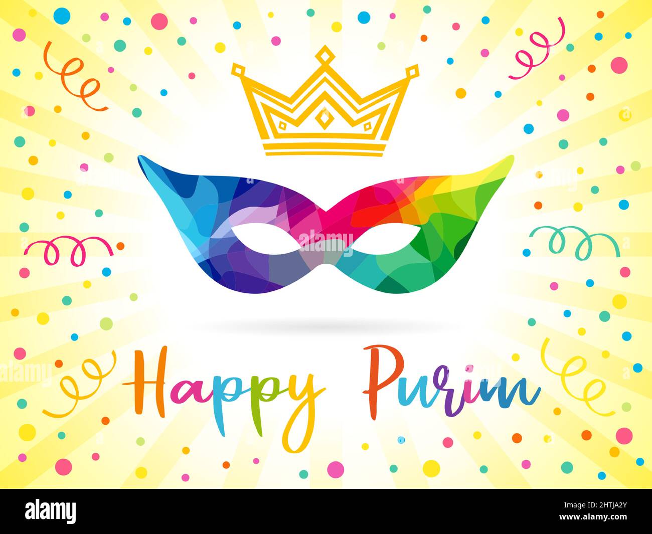 Felice purim grats e confetti colorati. Modello grafico astratto isolato. Happy Purim Ebraico script, regina maschera, sfondo colore, rotondo lo Illustrazione Vettoriale