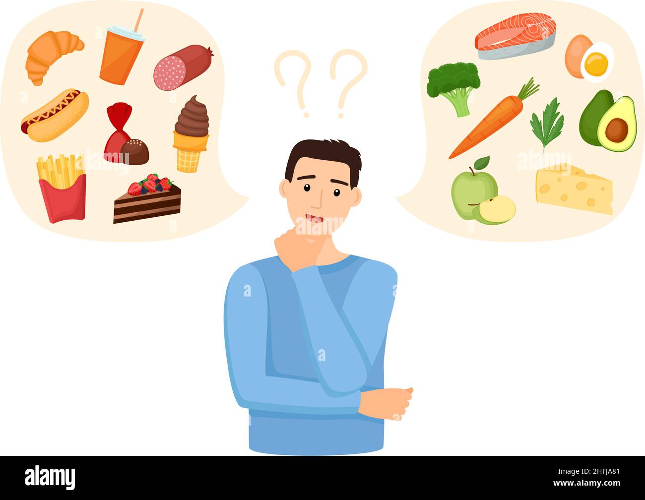 Uomo che sceglie tra cibo sano e malsano. Fast food vs menu equilibrato. Illustrazione del vettore concettuale Illustrazione Vettoriale