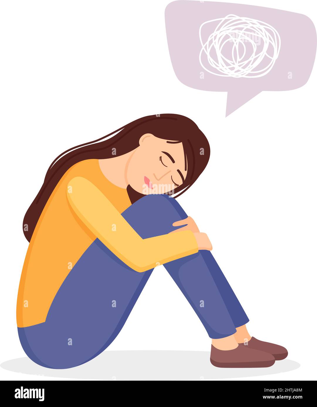 Donna triste in depressione con pensieri confusi. Giovane ragazza infelice seduta e abbracciata le ginocchia. Concetto di depressione. Illustrazione vettoriale Illustrazione Vettoriale