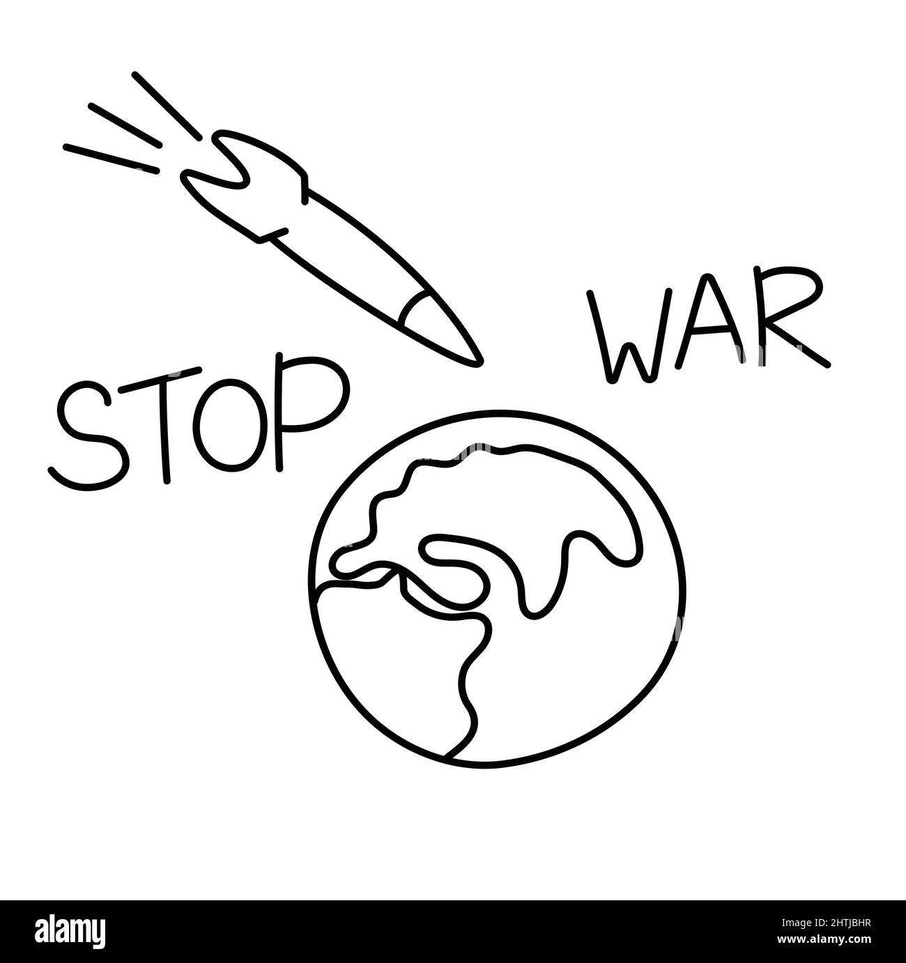 Missile militare vola sulla Terra. Illustrazione del profilo del vettore Doodle. Arrestare il concetto di guerra. Illustrazione Vettoriale