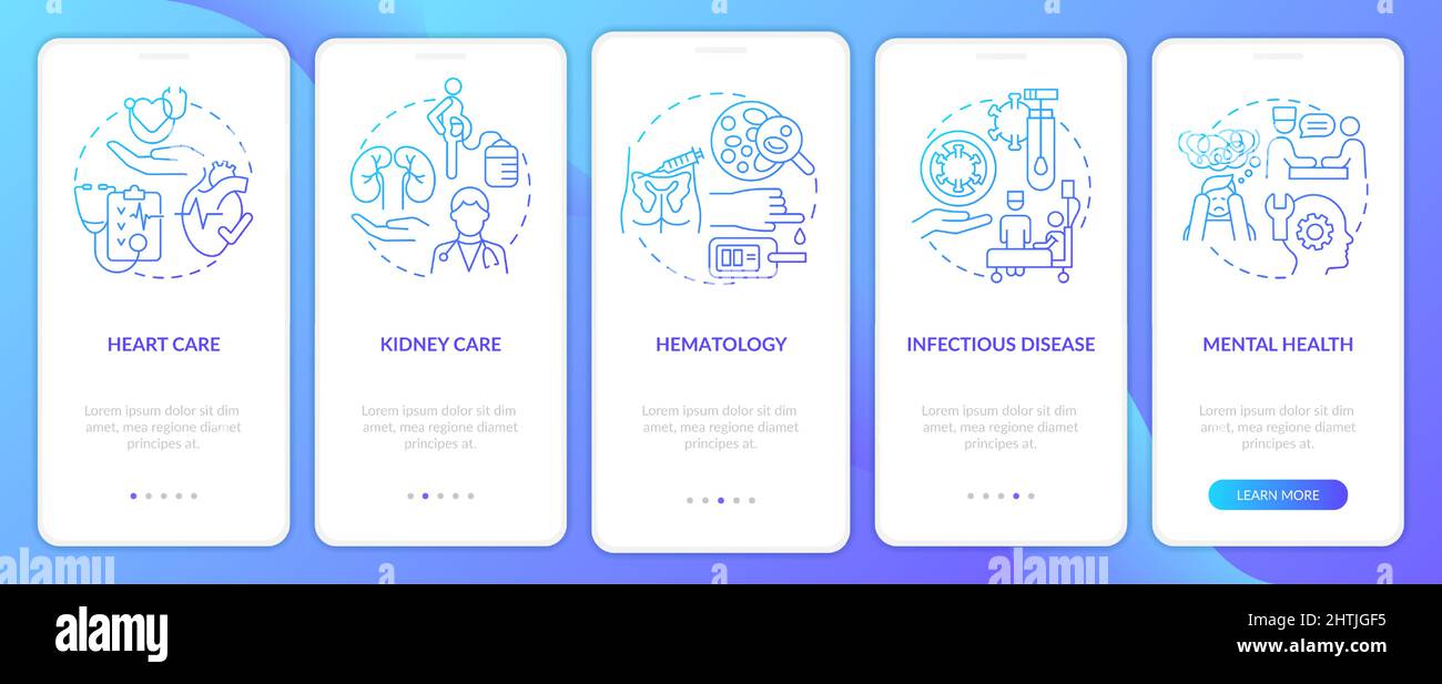 Schermata dell'app mobile onboarding con gradiente blu per servizi medici Illustrazione Vettoriale