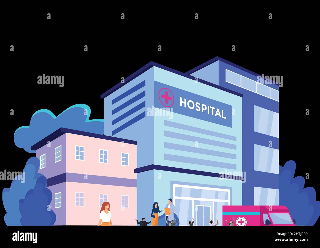 Immagine generata digitalmente di persone, ambulanza e edificio ospedaliero su sfondo nero Foto Stock