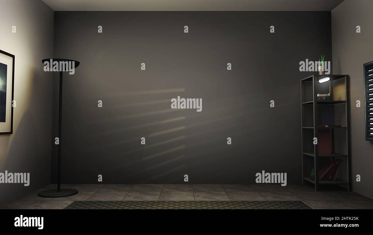 Videoconferenze in ufficio, background in studio virtuale. Ideale per chiamate via Internet, webinar o riunioni online. Uno sfondo VR di rendering 3D, che semplicemente g Foto Stock