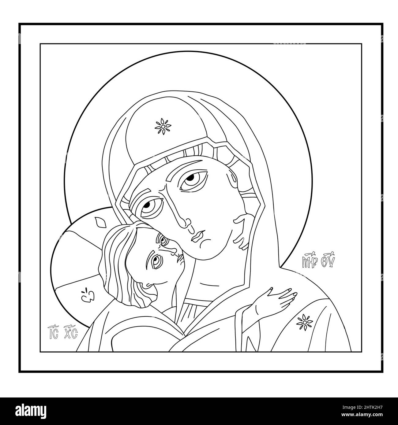 Icona ortodossa di Santa Madre, Dio Madre di Dio Regina del Cielo con Gesù Cristo Bambino. La tenerezza della Vergine Maria. Disegno lineare a mano. Vettore Illustrazione Vettoriale