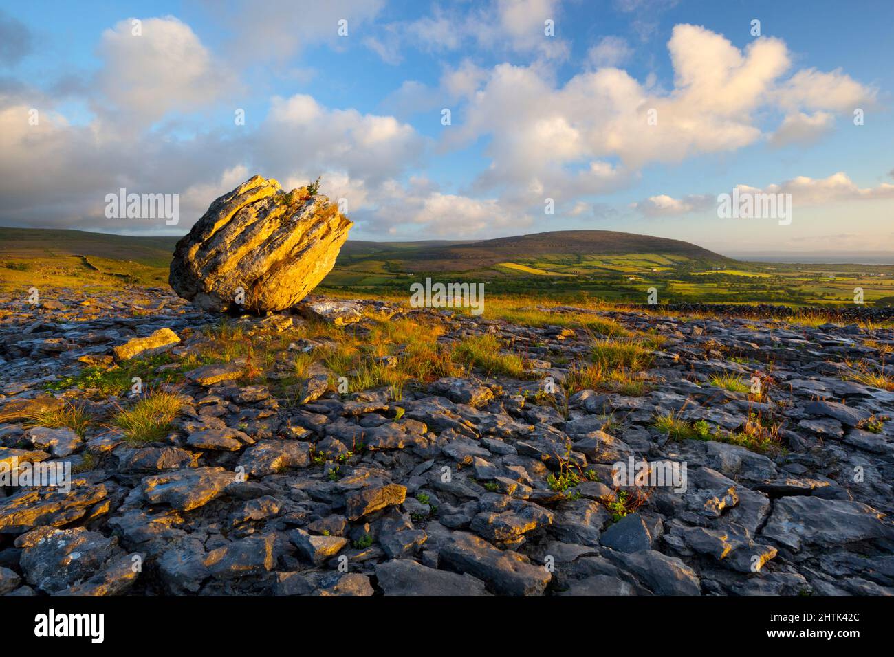 Paesaggio tipico con solchi di pietra calcarea e masso circolare vicino Ballyvaughan, il Burren, County Clare, Irlanda Foto Stock