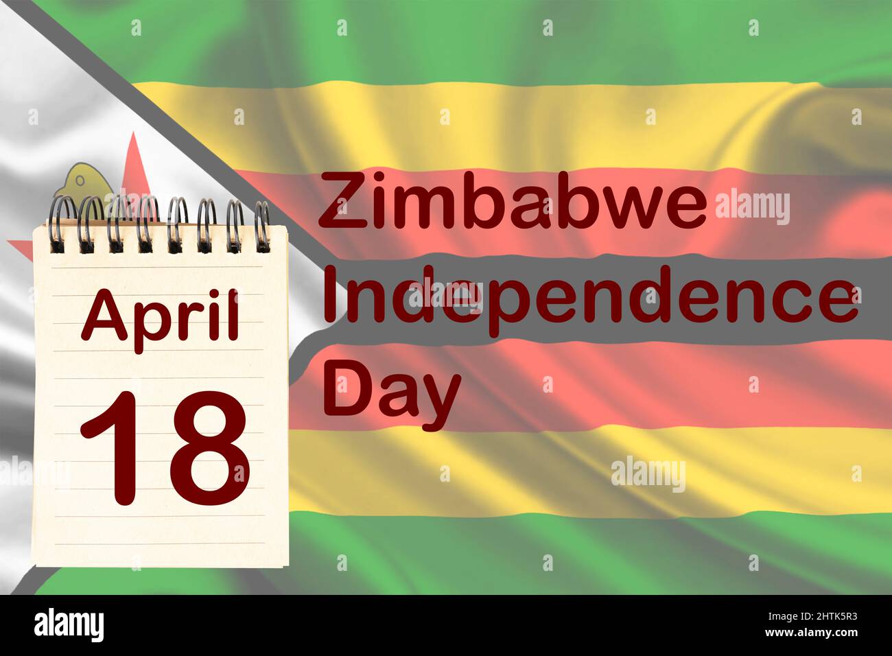 La celebrazione della Giornata dell'Indipendenza dello Zimbabwe con la bandiera e il calendario che indica il 18 aprile Foto Stock