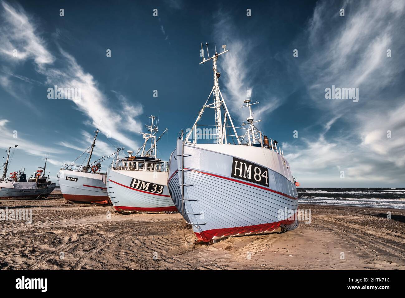 Thorup Strand cutters pescherecci per la pesca tradizionale nella costa del Mare del Nord in Danimarca Foto Stock