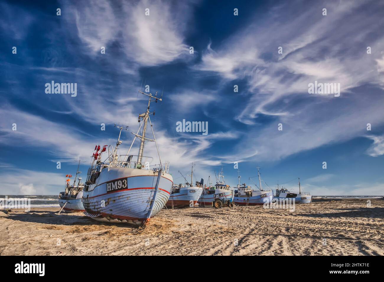 Thorup Strand cutters pescherecci per la pesca tradizionale nella costa del Mare del Nord in Danimarca Foto Stock