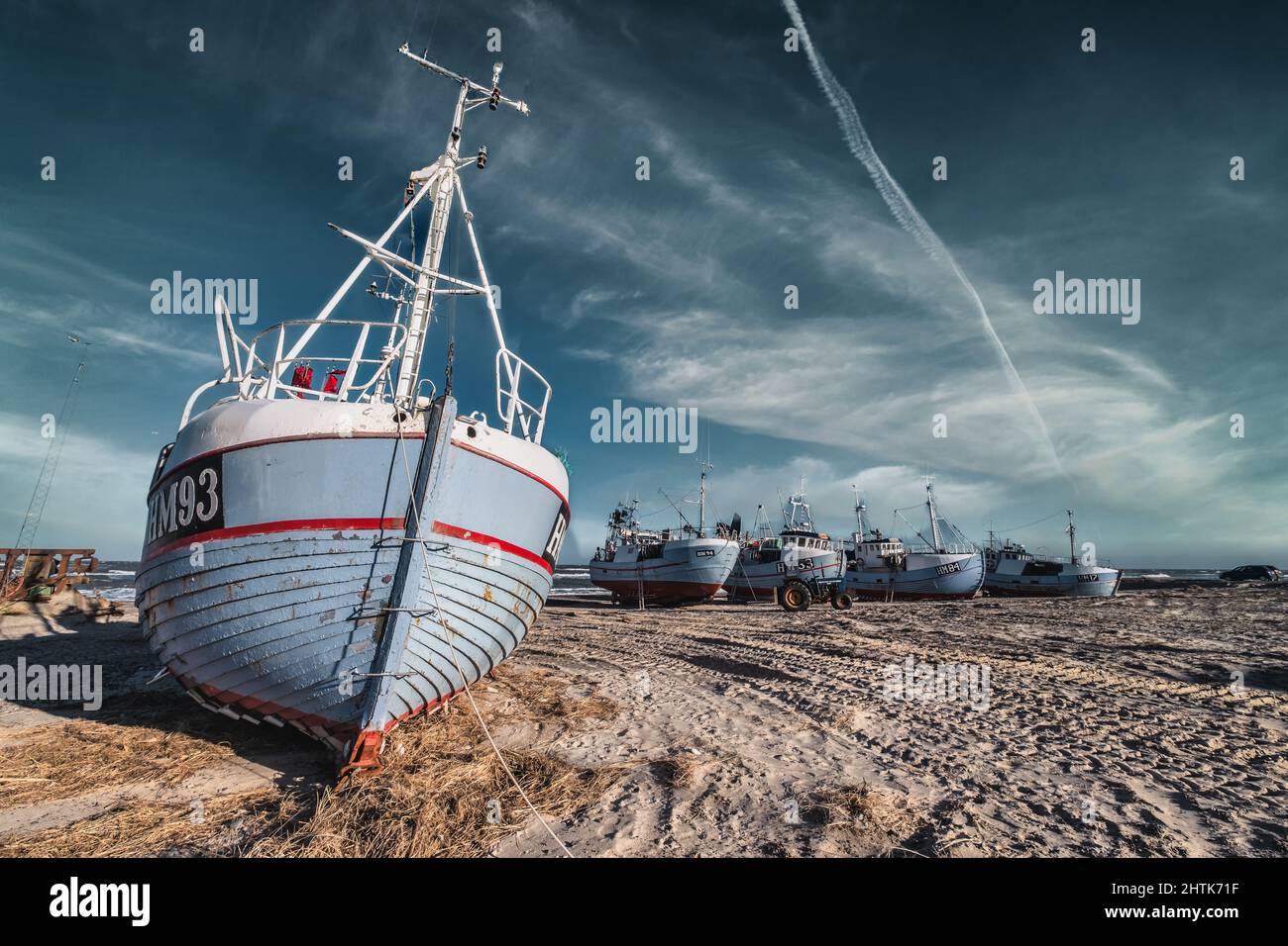 Thorup Strand cutters pescherecci per la pesca tradizionale nella costa del Mare del Nord in Danimarca Foto Stock