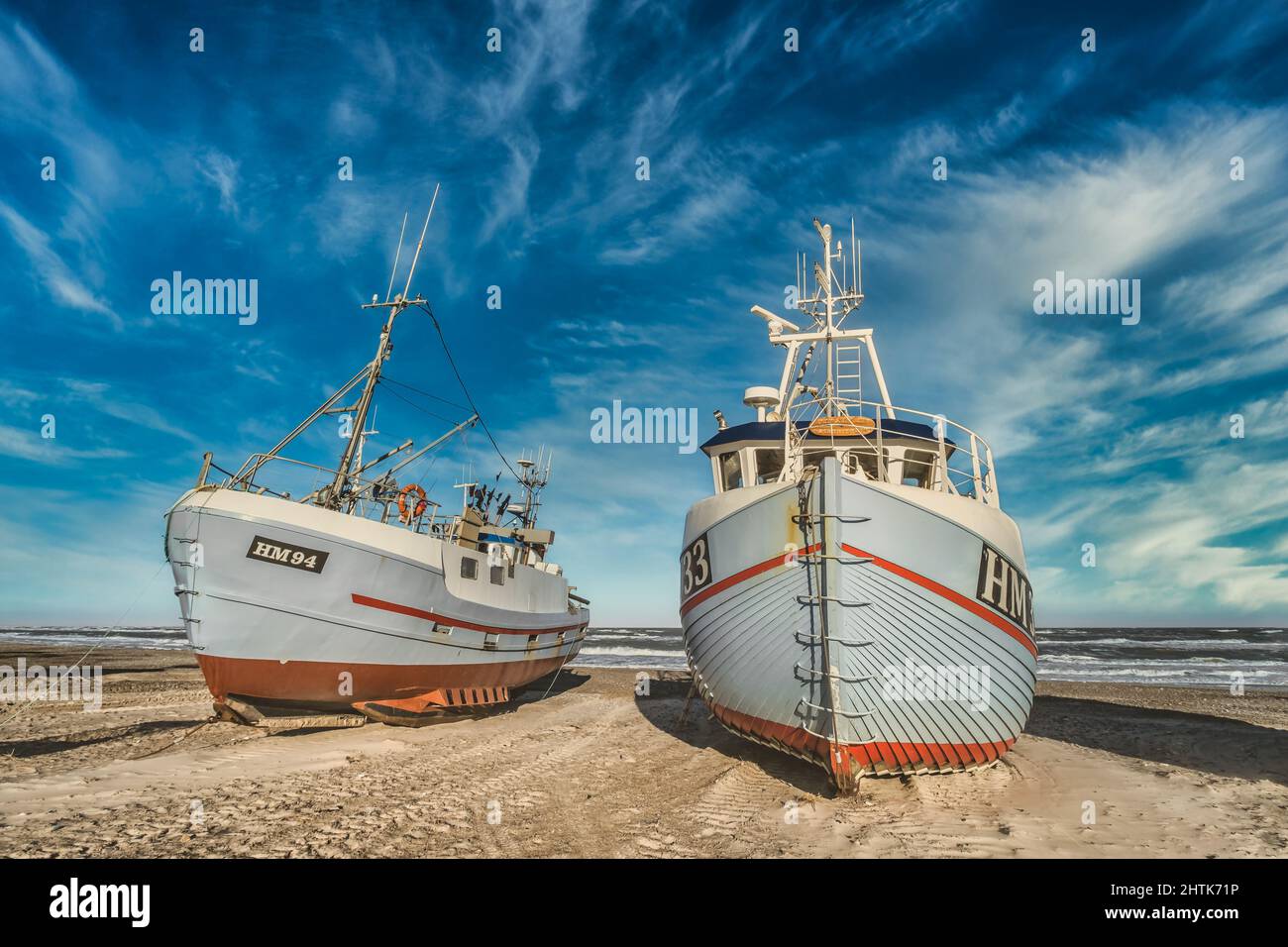 Thorup Strand cutters pescherecci per la pesca tradizionale nella costa del Mare del Nord in Danimarca Foto Stock