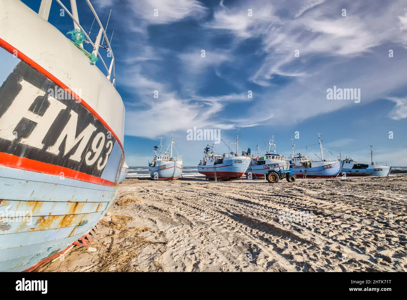 Thorup Strand cutters pescherecci per la pesca tradizionale nella costa del Mare del Nord in Danimarca Foto Stock