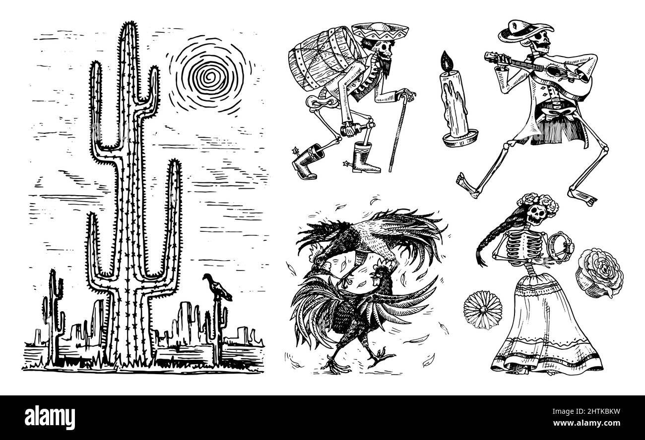 Giorno dei morti. Festa nazionale messicana. Iscrizione originale in spagnolo dia de los Muertos. Gli scheletri in costume ballano, suonano il violino, la tromba Illustrazione Vettoriale