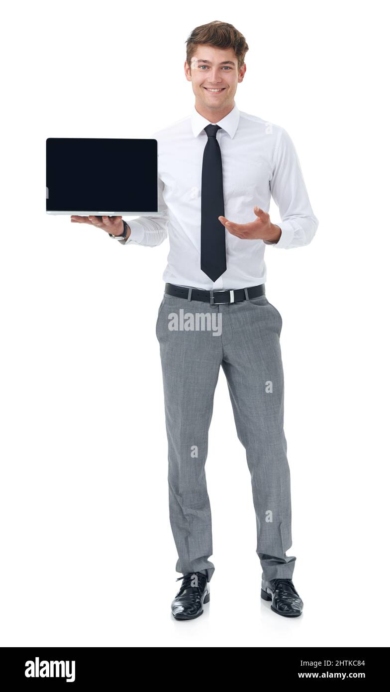 Scopri il modello più recente. Un uomo d'affari che tiene un laptop - copyspace. Foto Stock