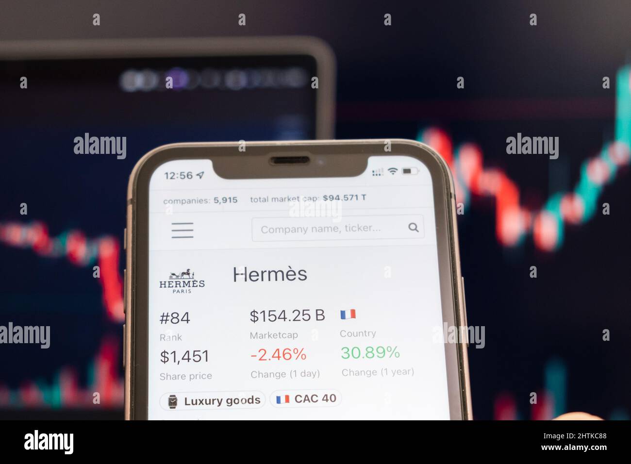 Hermes stock price sullo schermo del telefono cellulare in mano mans con cambio borsa con trading candlestick grafico analisi, febbraio 2022, San Francisco, USA Foto Stock