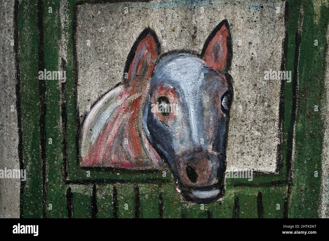 LAAR, Germania - Marzo 1 2022. Street art dettaglio di un rifugio dipinto. Un cavallo che guarda da una stalla Foto Stock