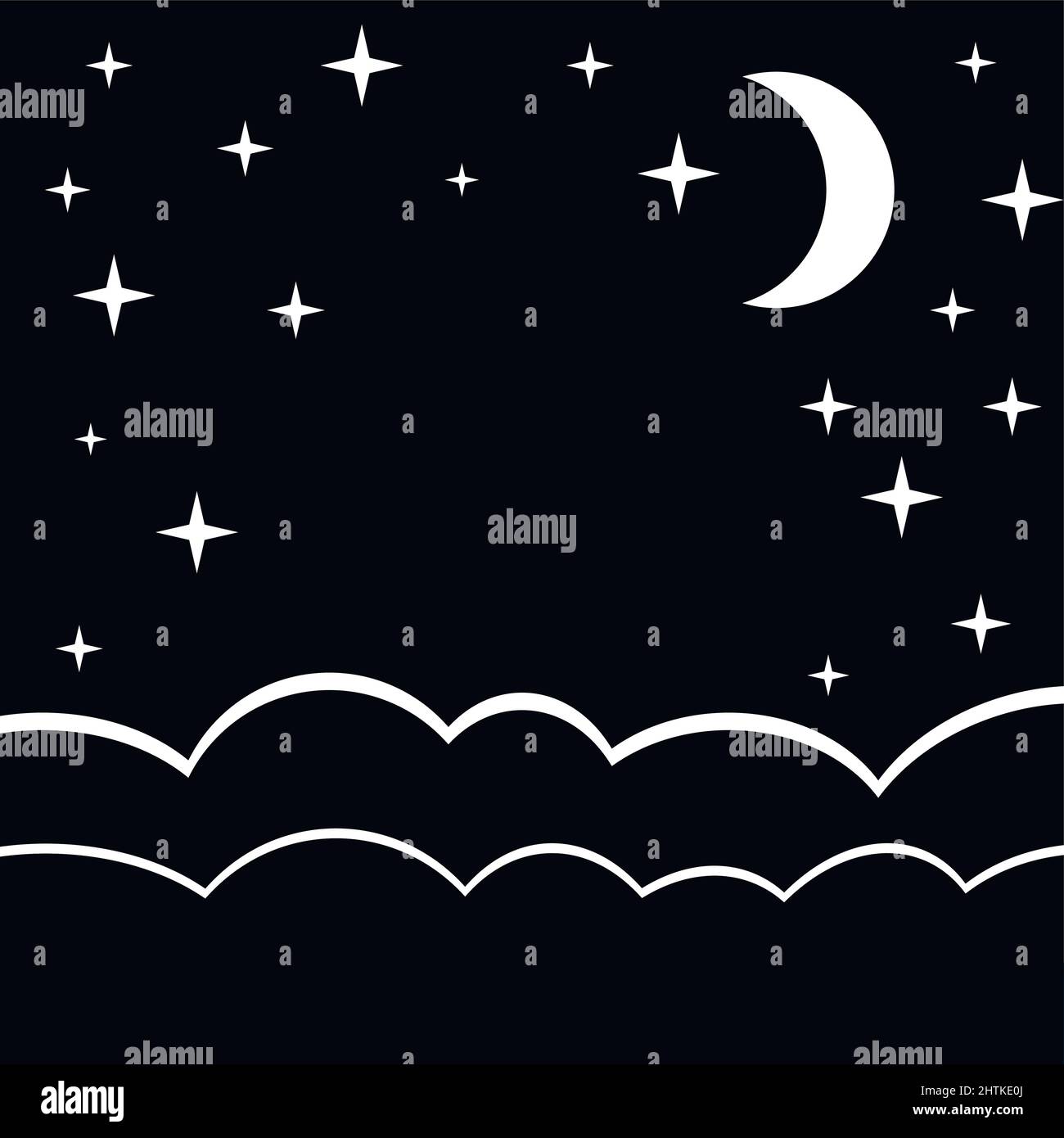 Cielo notturno con stelle e luna, bianco e nero monocromatico, layout della carta. Sfondo del bambino. Illustrazione Luna su sfondo nero, mezzaluna, cielo notturno Illustrazione Vettoriale