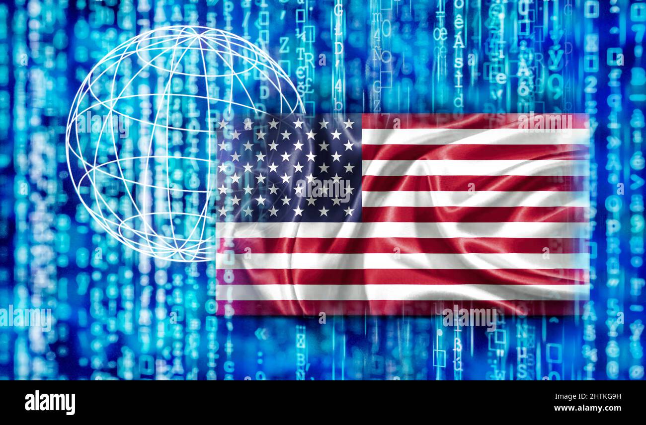 Potenza digitale USA con bandiera americana, matrice e globo Foto Stock