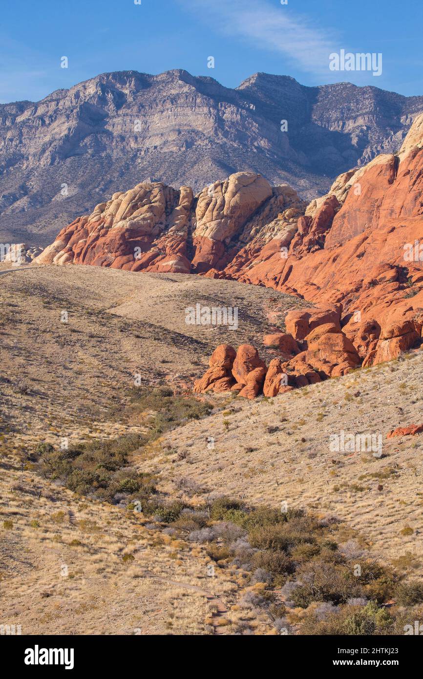 Torreggianti picchi di arenaria rossa nella Red Rock Canyon National Conservation Area di Las Vegas, Nevada Foto Stock