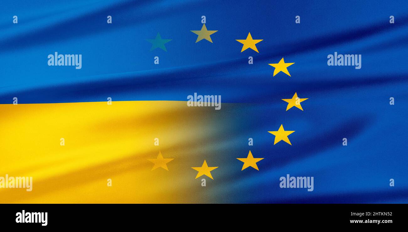 Bandiera dell'Ucraina e bandiera dell'Unione europea. Foto Stock