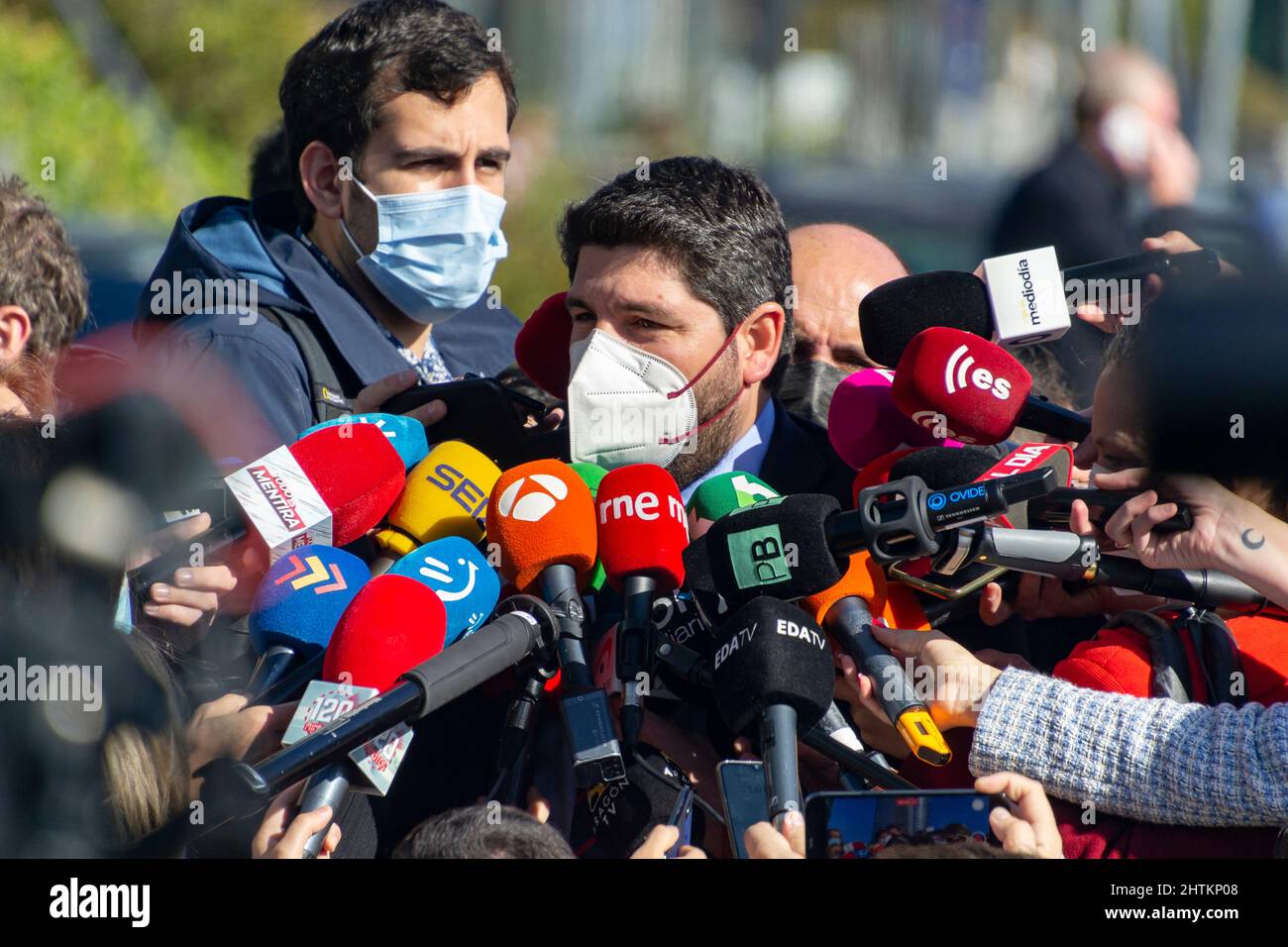 Fernando Lopez Miras, Presidente della Regione di Murcia in una conferenza stampa, in Spagna. Politico spagnolo del Partito popolare, PP. Fotografia. Foto Stock