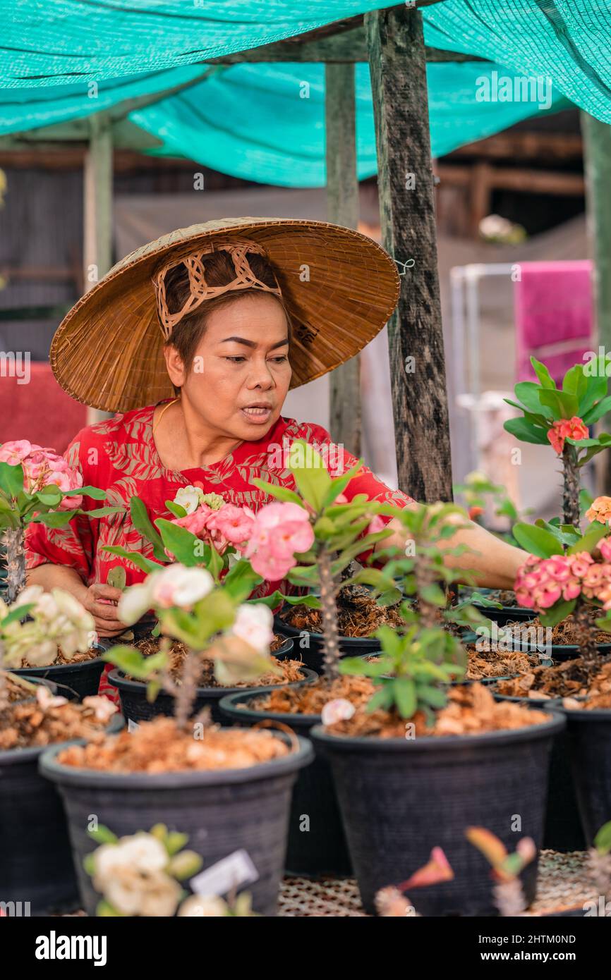 Donna asiatica felice con cappello di paglia vietnamita vaso fiori nel suo giardino Foto Stock