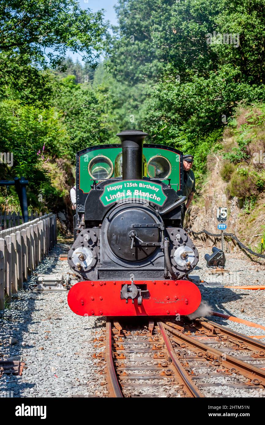 Hunslet 2-4-0STT 'Linda' e 'Blanche' arrivano a Tan-Y-Bwlch durante l'Hunslet 125 sulla ferrovia di Ffestiniog Foto Stock