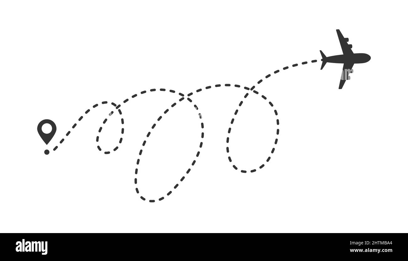 Icona vettore di rotta della linea dell'aeroplano. Percorso di volo in aereo con punto di partenza e traccia tratteggiata isolata su sfondo bianco Illustrazione Vettoriale