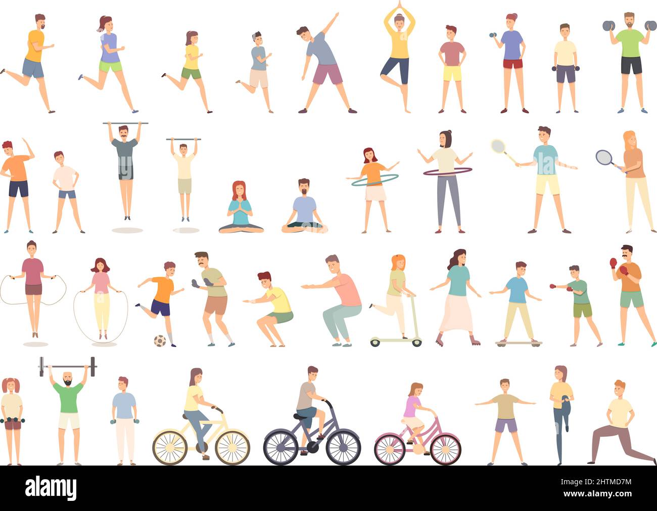 Le icone delle attività sportive di famiglia impostano il vettore cartoon. Esercizio domestico. Allenamento sportivo Illustrazione Vettoriale