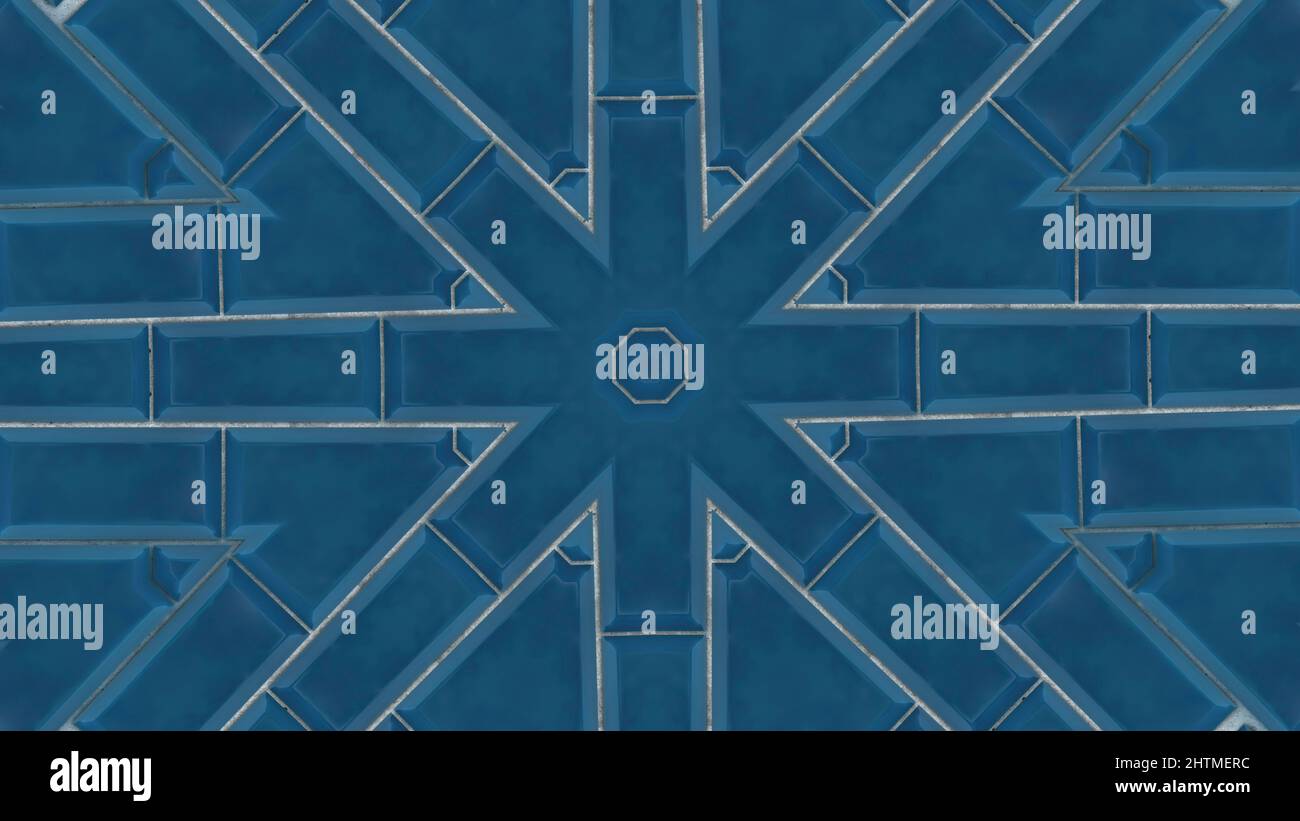 Disegno caleidoscopico astratto e colorato con figure geometriche apparse. Motivo blu simmetrico su sfondo bianco. Foto Stock