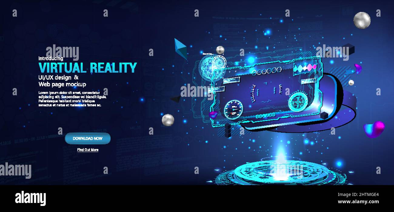 Poster sugli occhiali VR futuristici con HUD ed elementi di realtà virtuale Illustrazione Vettoriale