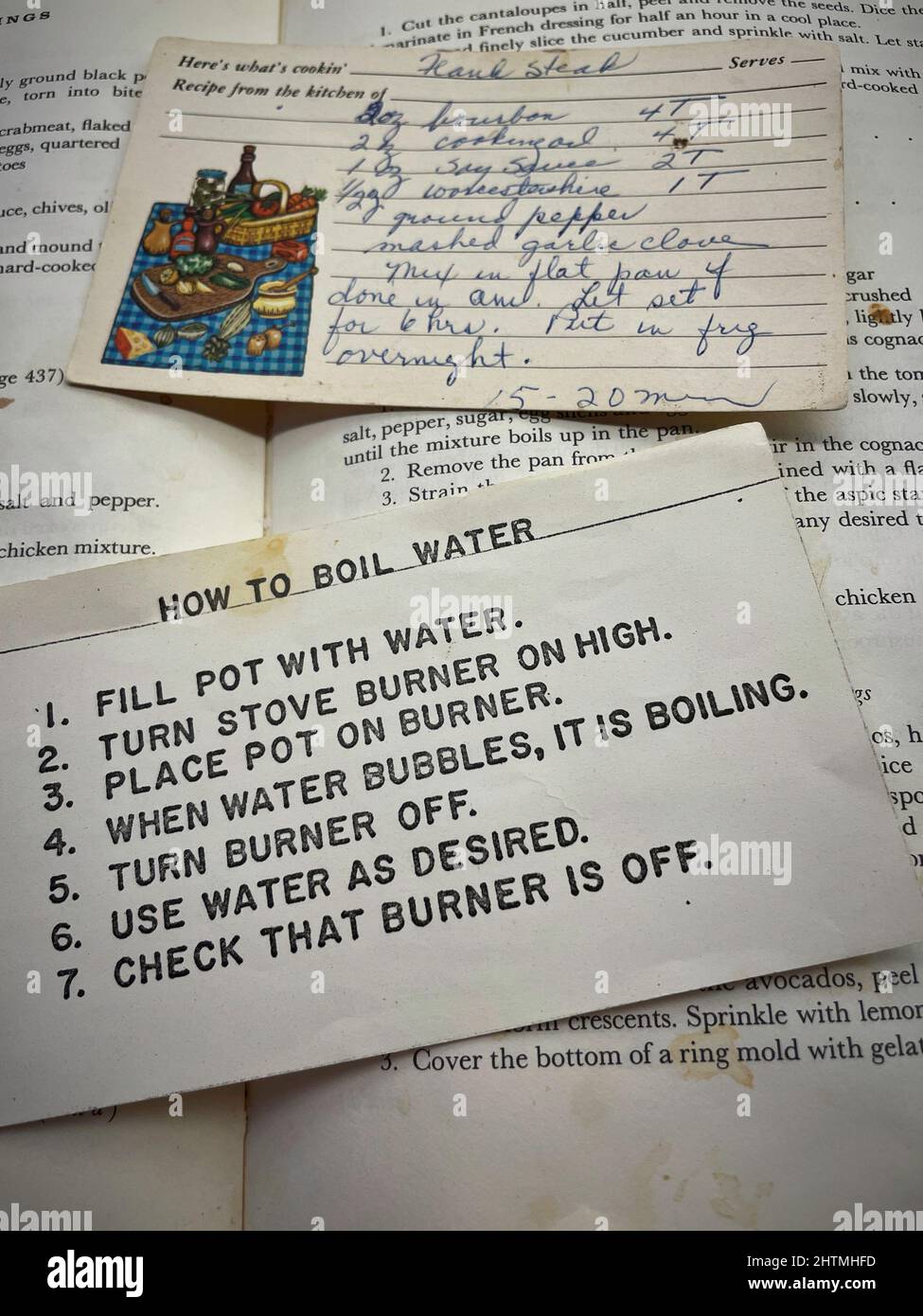 Humorous 'come bollire la ricetta dell'acqua, scatola di lima di ricetta antiquata, Stati Uniti Foto Stock