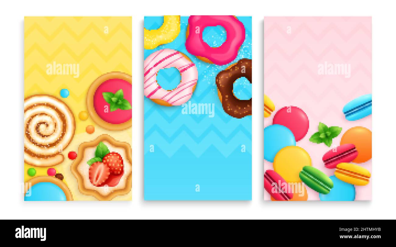 Dolci dolci 3 carte di fondo poster set con ciambelle biscotto rotolo fette fragola torta macarons illustrazione vettoriale Illustrazione Vettoriale