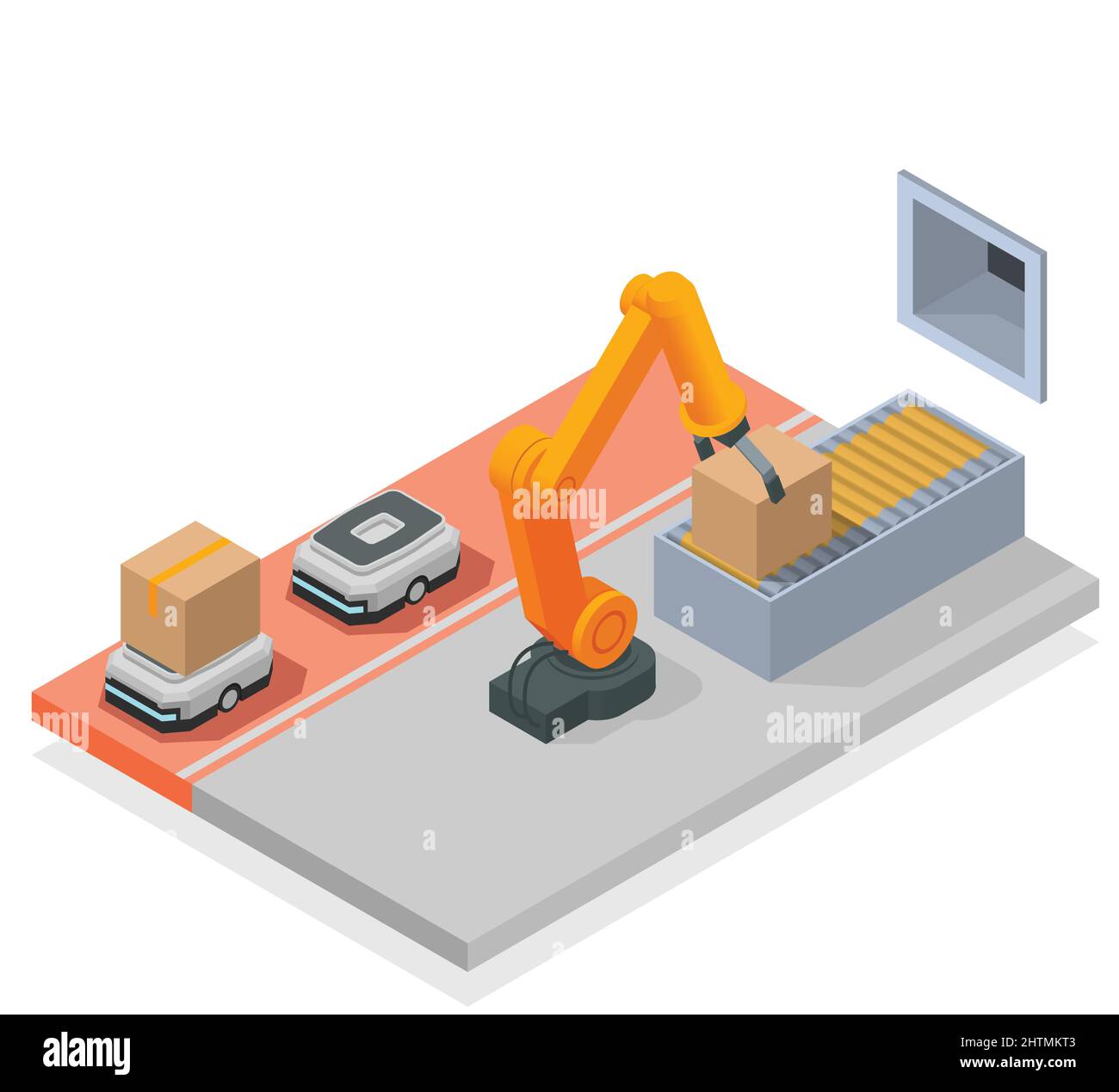 Moderno magazzino composizione isometrica colorata sala automatizzata nel magazzino con braccio robotizzato e illustrazione vettoriale del carrello Illustrazione Vettoriale
