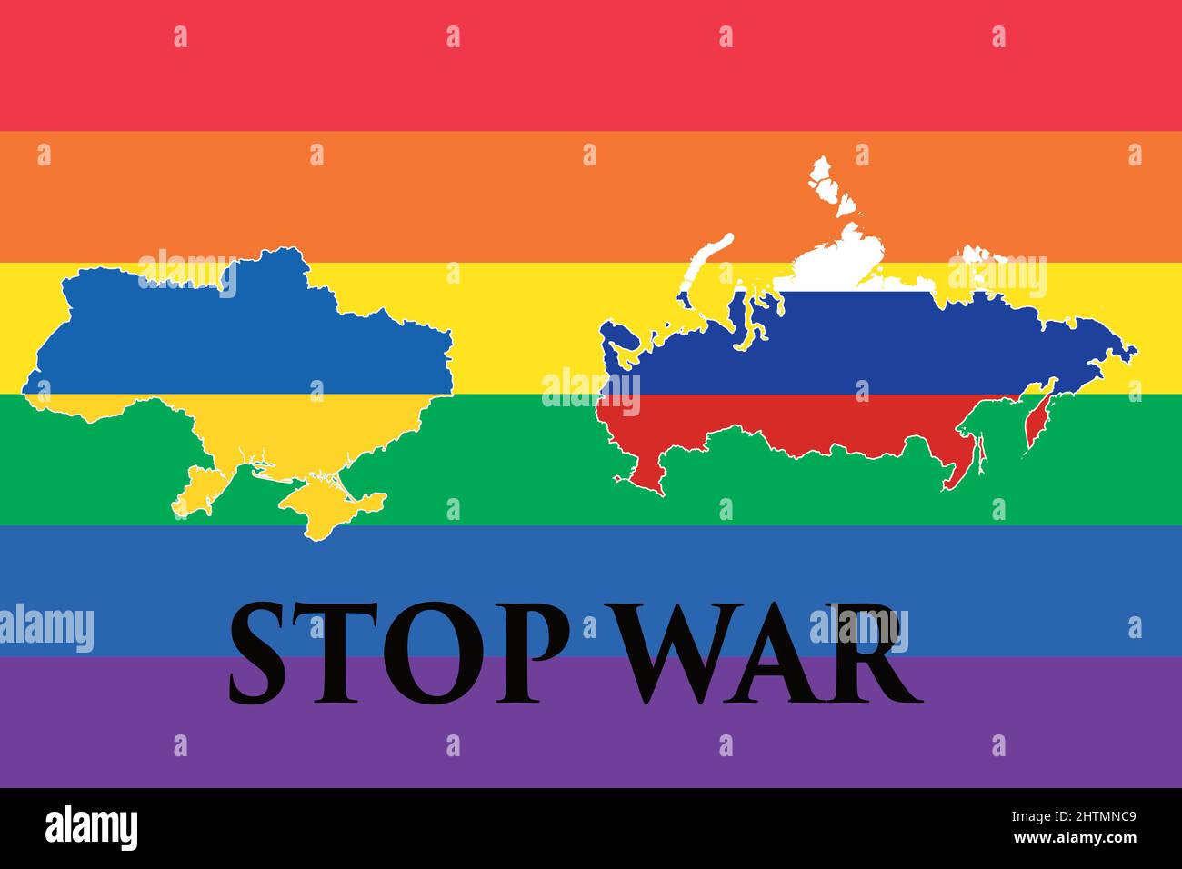 Mappa con la bandiera dell'ucraina e mappa con la bandiera della russia sullo sfondo la bandiera della pace, fermare la guerra. Crisi nelle relazioni internazionali. Guerra Foto Stock