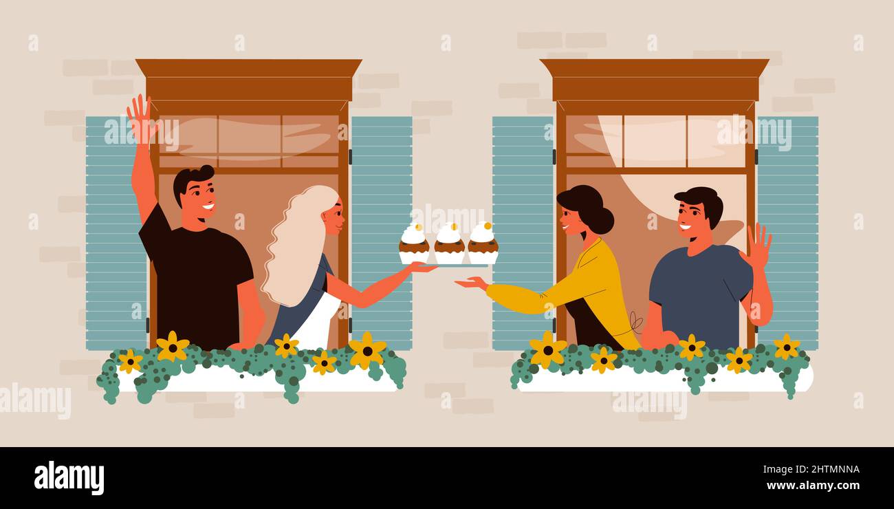 Vicini in finestre che si salutano a vicenda e una coppia che aiuta un altro a cupcakes illustrazione vettoriale piatta Illustrazione Vettoriale