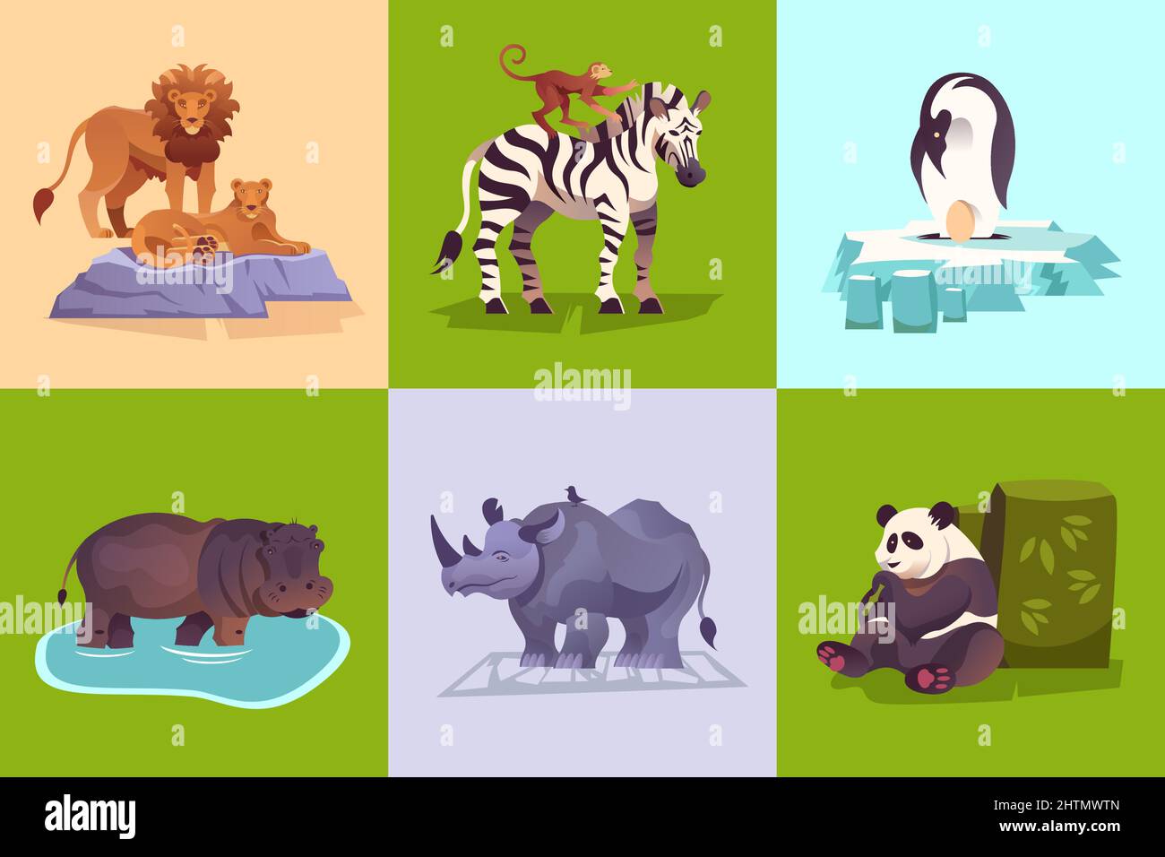 Zoo animali selvatici concetto con pinguino leone zebra rinoceros panda ippopotamo scimmia colorato sfondo set illustrazione vettoriale Illustrazione Vettoriale