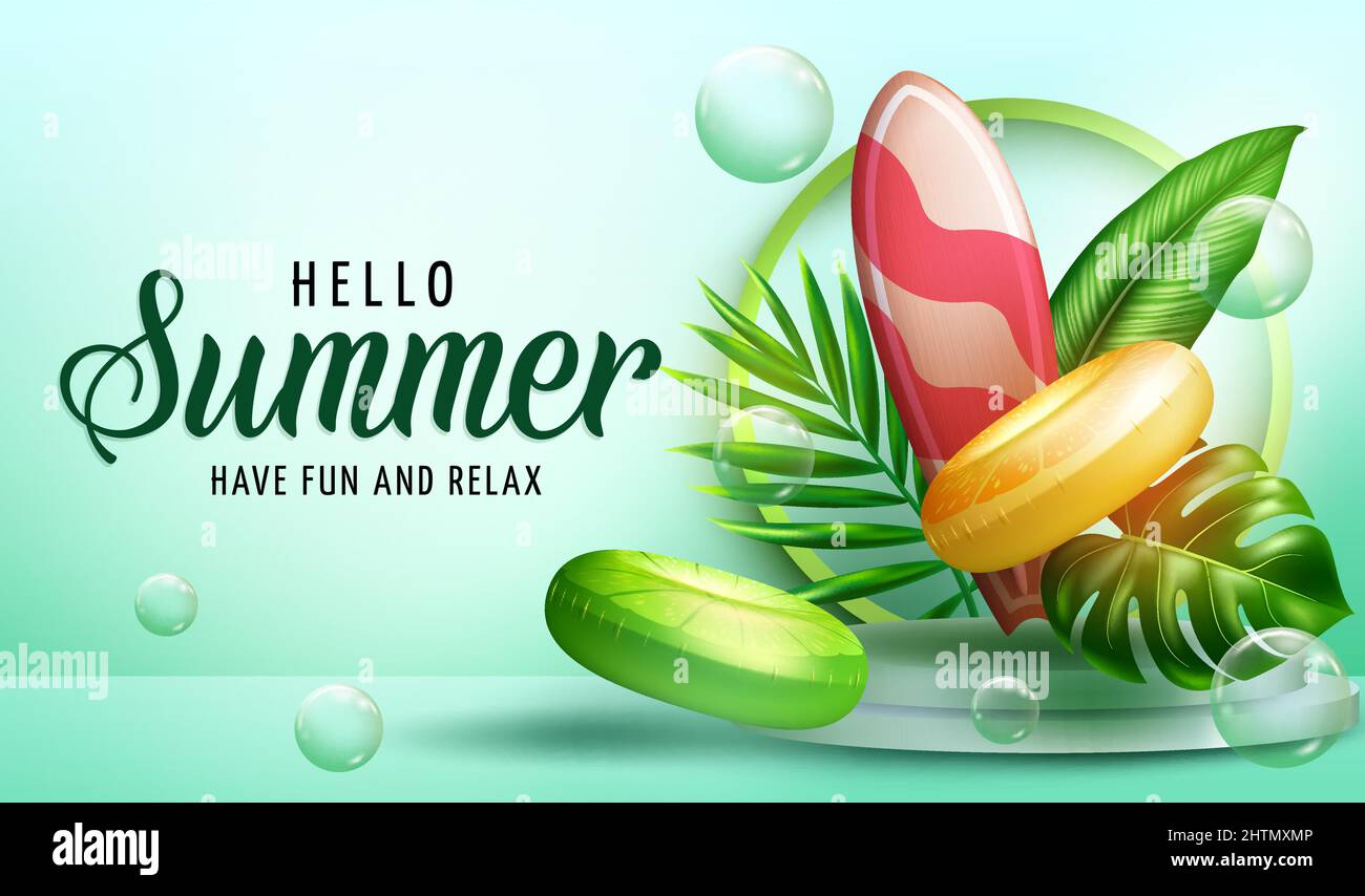 Design vettoriale per le vacanze estive. Ciao estate saluto testo con piante tropicali e floaters elemento in studio fotografia per fresco e relax. Illustrazione Vettoriale