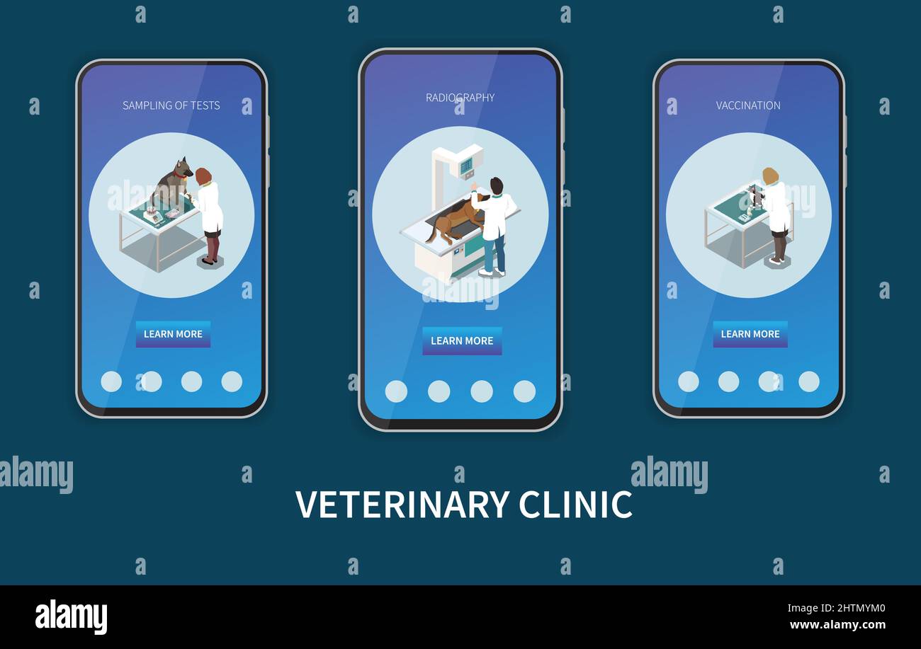 Servizio di clinica veterinaria 3 schermi mobili isometrici impostati con animali domestici vaccinazione radiografia test diagnostici campionamento illustrazione vettoriale Illustrazione Vettoriale