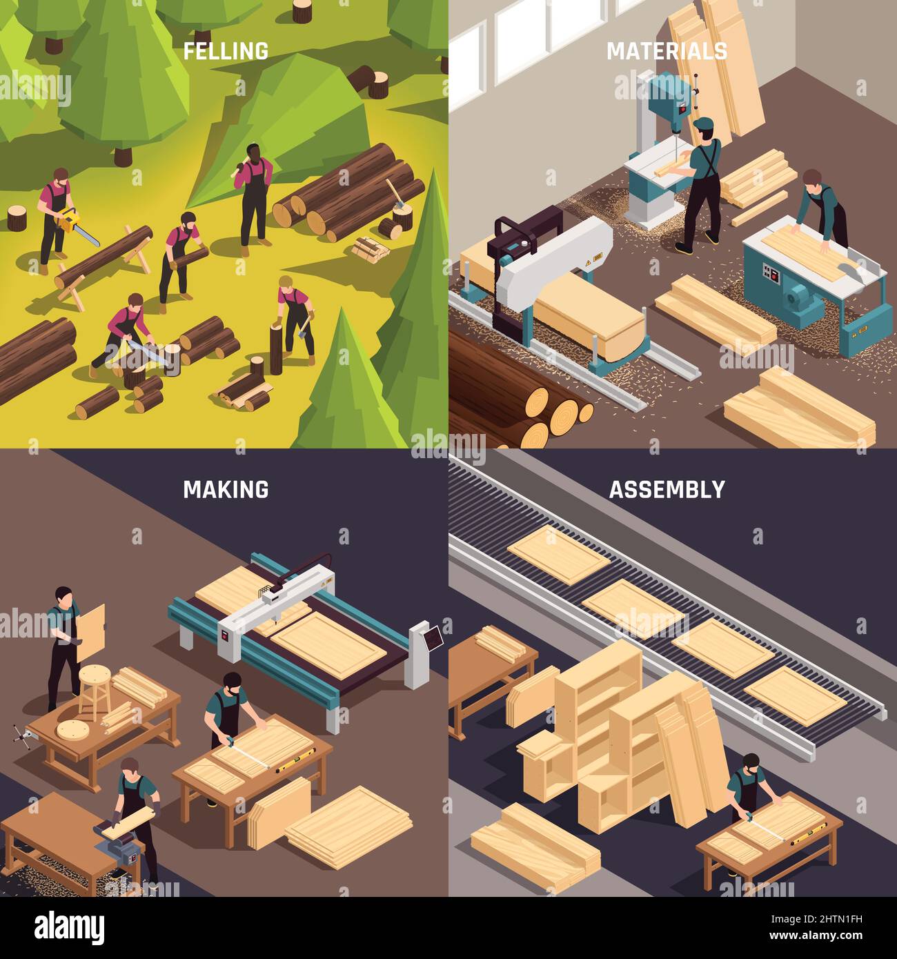 Quattro serie di icone isometriche per la produzione di mobili con materiali di abbattimento e descrizioni di assemblaggio illustrazione vettoriale Illustrazione Vettoriale