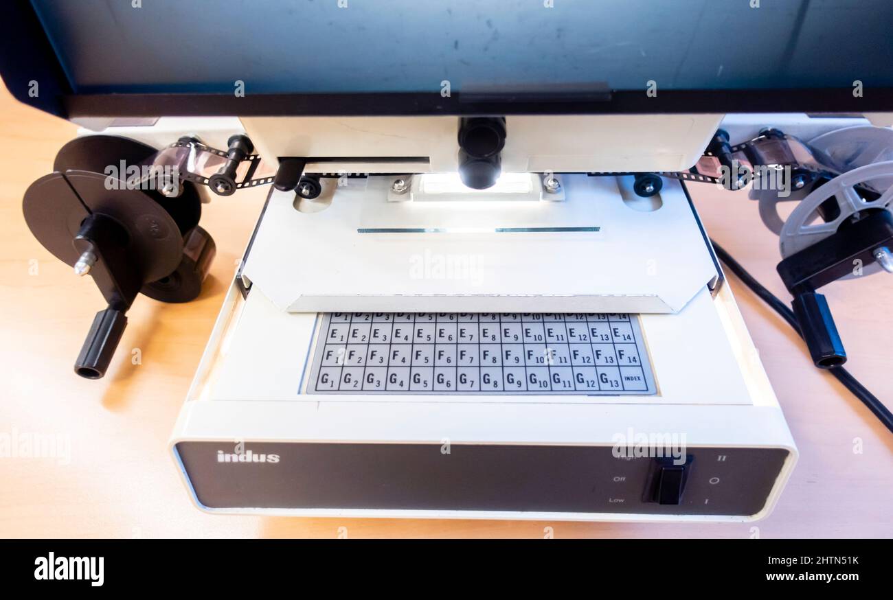 Primo piano della tastiera, microfilm INDUS Model 4601-11 COM, lettore di microfiche Foto Stock