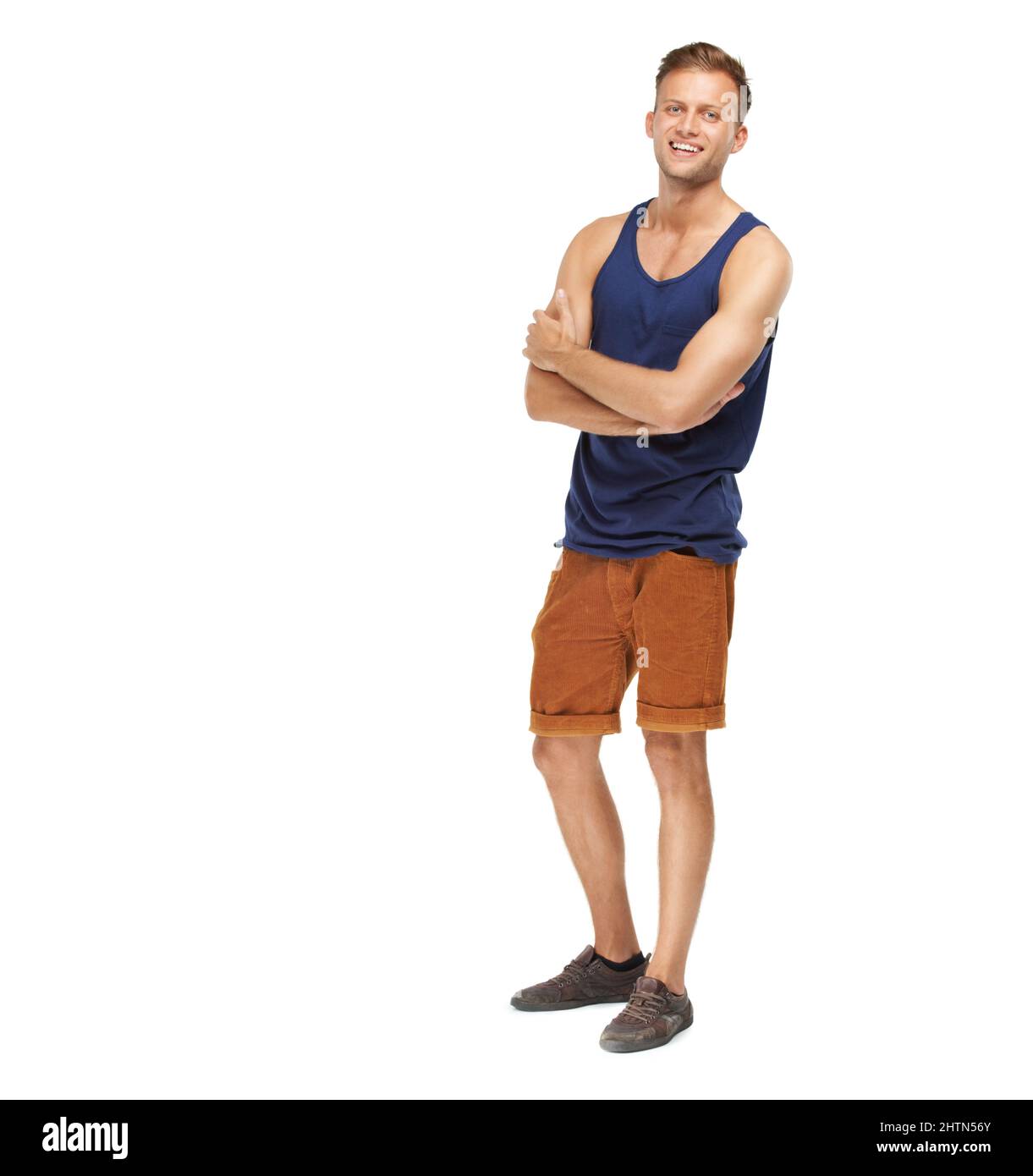 Sicuro e positivo. Studio ritratto di un sorridente giovane isolato su bianco. Foto Stock