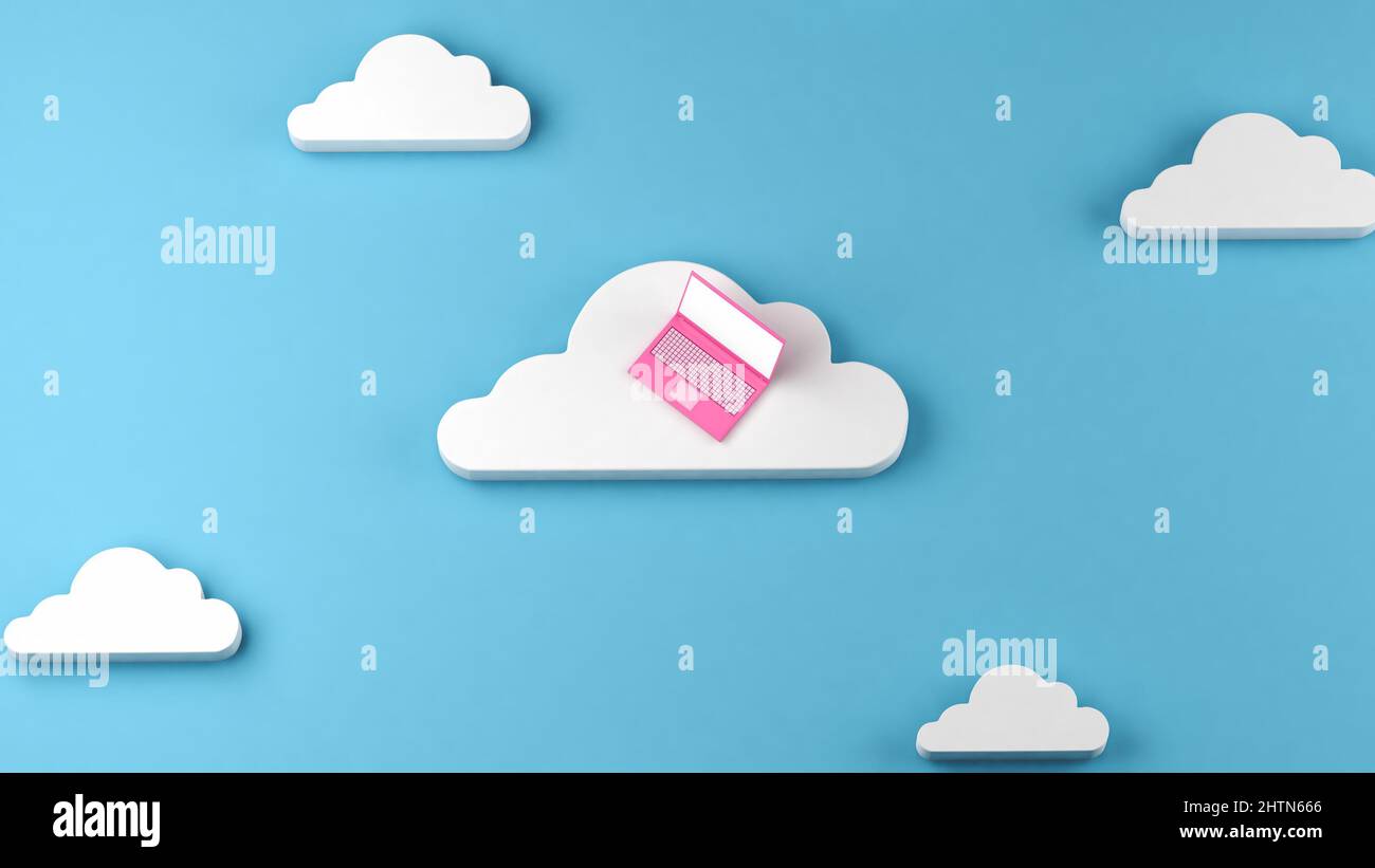 Notebook rosa su un cloud con altri cloud più piccoli, concetto di cloud computing, illustrazione 3D Foto Stock