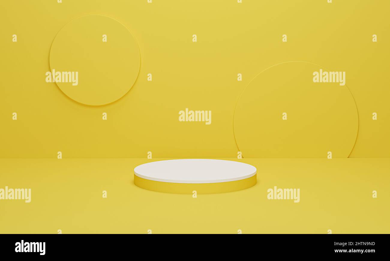 Podio cilindrico bianco su sfondo giallo scena minimale con plateau geometrico giallo. Podio per esposizione prodotti. rappresentazione 3d, illustrazione 3d Foto Stock