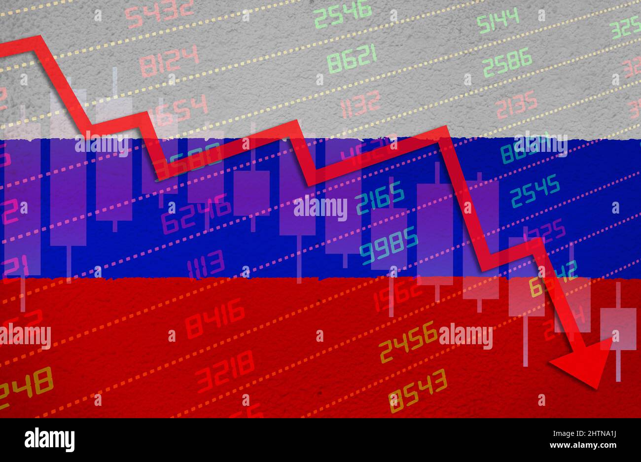 Crisi economica con il grafico del mercato azionario freccia giù in rosso territorio negativo sopra la bandiera russa dipinta sul muro. Business e mercato monetario finanziario fare Foto Stock